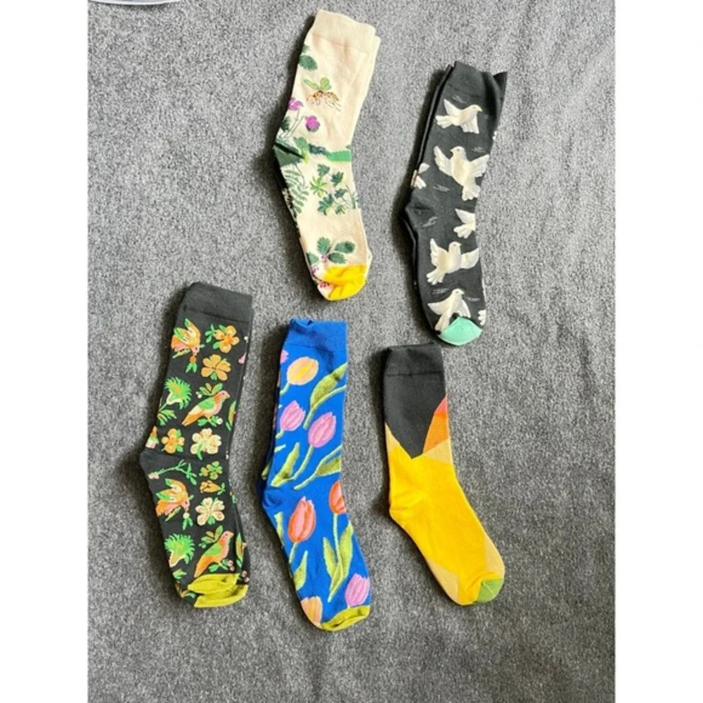 Crew‎ Socks Women One Size Multicolor Like New Floral Bird Geometric 5 Pair Set